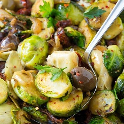 Braised Brussel Sprouts With Sun Dried Tomatoes Artichokes And Olives Recipe Braised Brussel Sprouts With Sun Dried Tomatoes Artichokes And Olives Recipe
